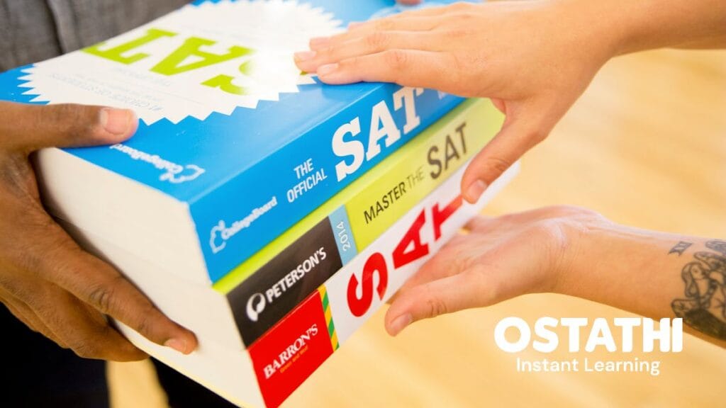 A person handing a stack of official SAT prep books, including Barron's and Peterson's, to a student