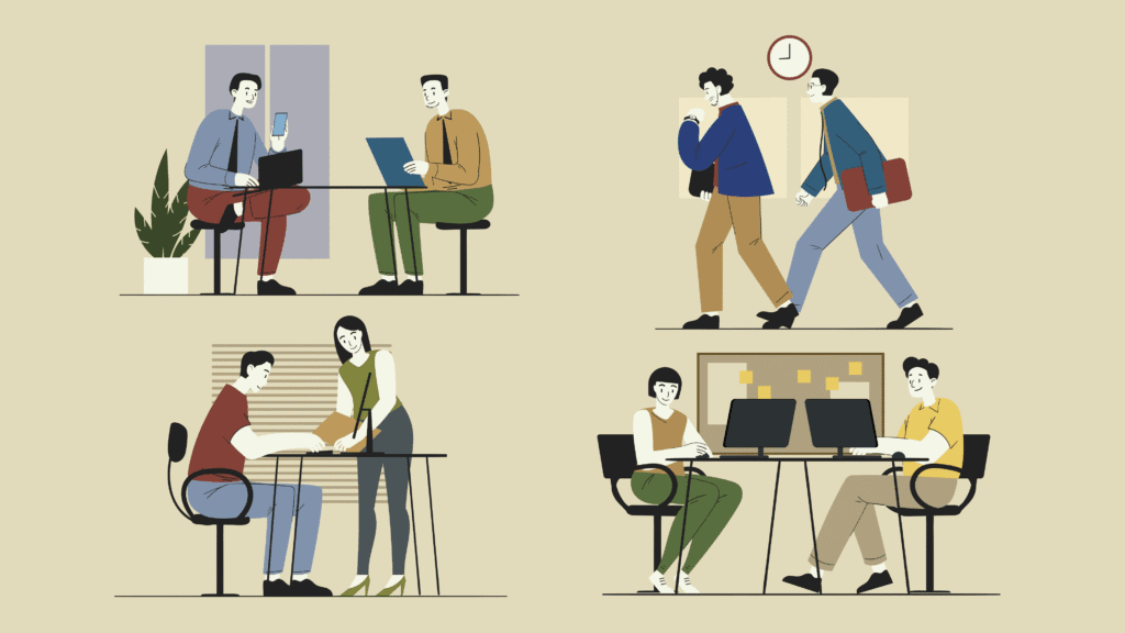 Illustration of learners studying online with laptops and collaboration scenes – online learning and e-learning