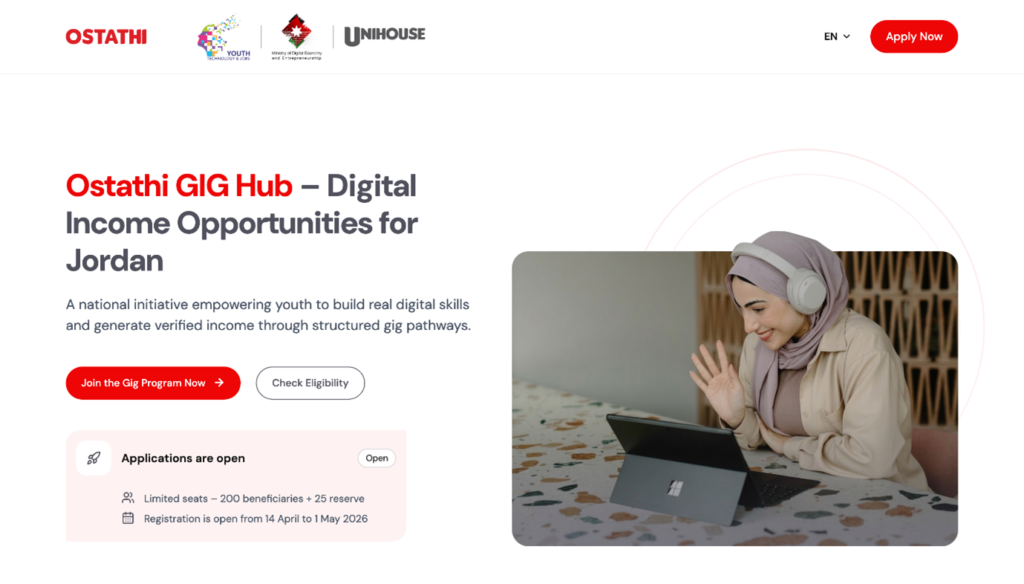 Ostathi GIG Hub Jordan digital income programme — partnership between Ostathi, MoDEE Ministry of Digital Economy and Entrepreneurship, World Bank YTJ Project, and UniHouse